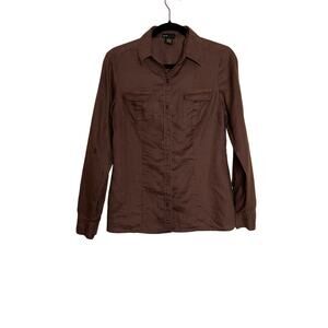 Grace Elements size 8 shirt brown button-up 100% linen roll tab sleeve pockets